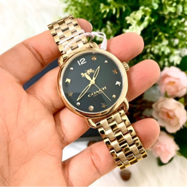 Coach Delancey Black Dial Gold Steel Strap Watch for Women - 14502813