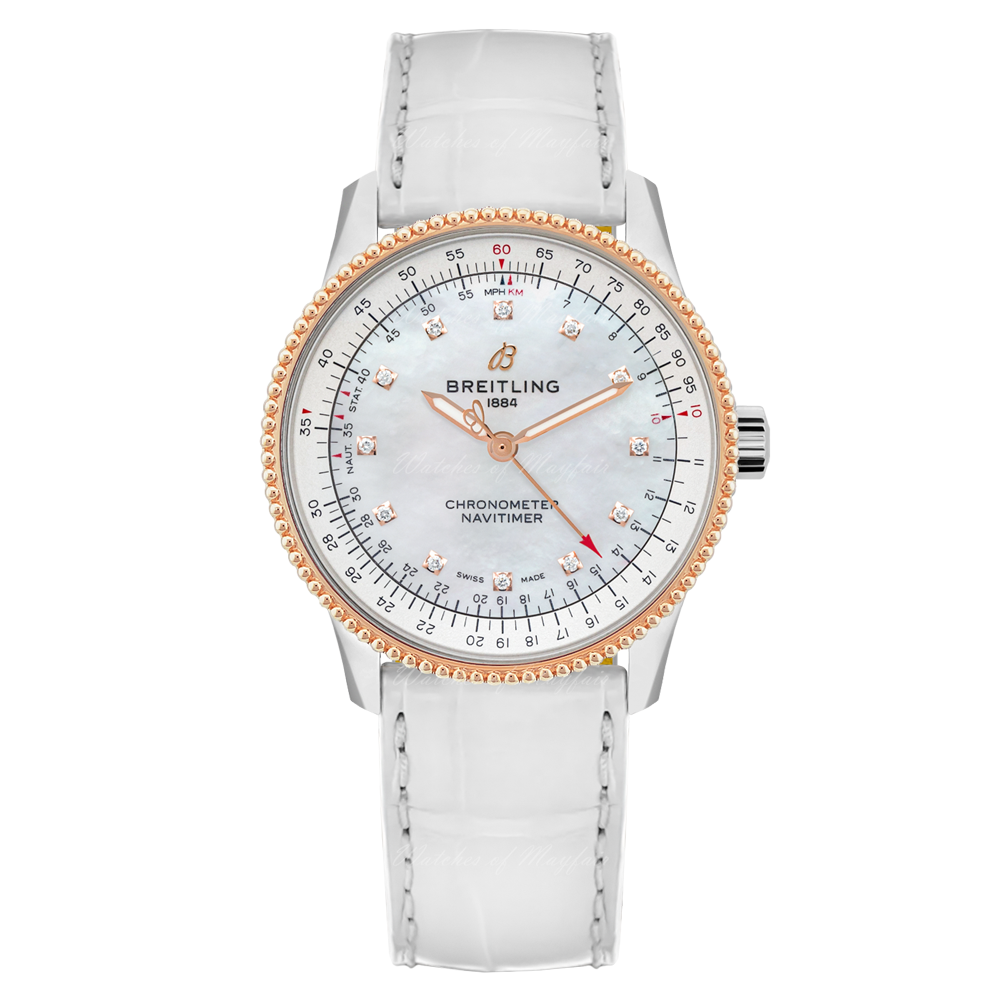 Breitling Navitimer Automatic 35 Mother of Pearl Dial White Leather Strap Watch for Women - U17395211A1P3