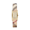 Burberry Pioneer Gold Dial Haymarket Beige Leather Strap Watch for Women - BU9509