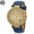 Michael Kors Parker Gold Dial Blue Leather Strap Watch for Women - MK2280