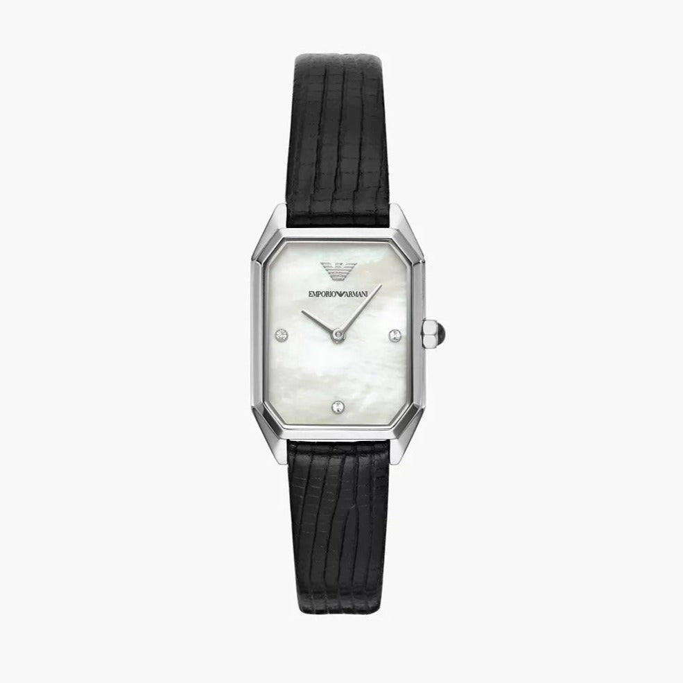Emporio Armani Gioia Analog Mother of Pearl Dial Black Leather Strap Watch For Women - AR11148
