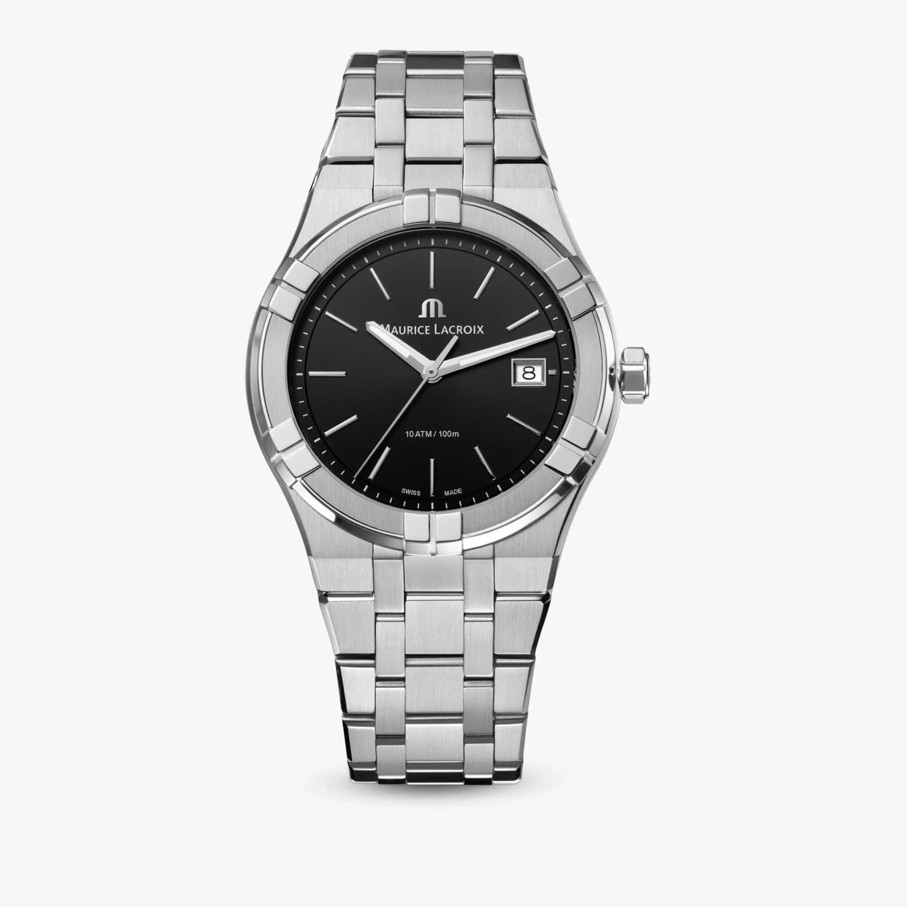 Maurice Lacroix Aikon Date Quartz Black Dial Silver Steel Strap Watch for Men - AI1108-SS002-330-1