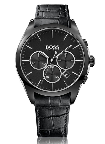 Hugo Boss Onyx Black Dial Black Leather Strap Watch for Men - 1513367