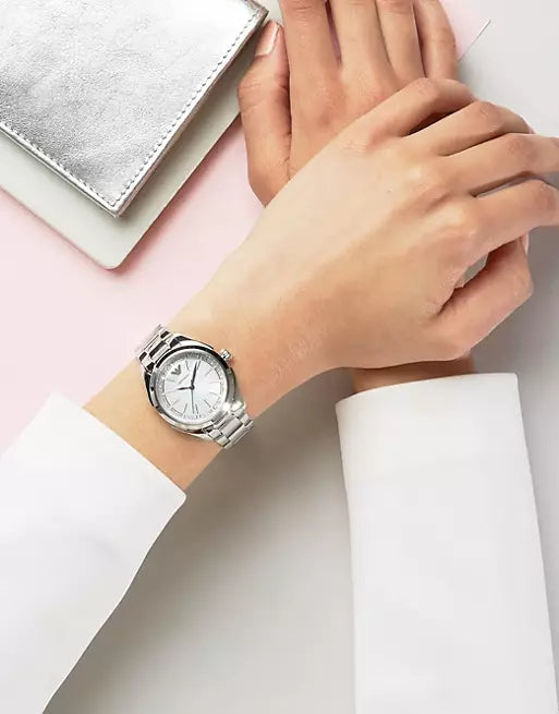 Emporio Armani Valeria Quartz Mother of Pearl Dial Silver Steel Strap Watch For Women - AR11030