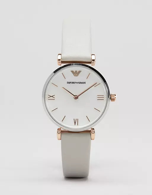 Emporio Armani Gianni T Bar Quartz Mother of Pearl Dial White Leather Strap Watch For Women - AR1965