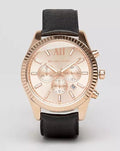 Michael Kors Lexington Chronograph Rose Gold Dial Black Leather Strap Watch For Men - MK8516