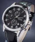 Hugo Boss Aeroliner Chronograph Black Dial Black Leather Strap Watch For Men - 1512448