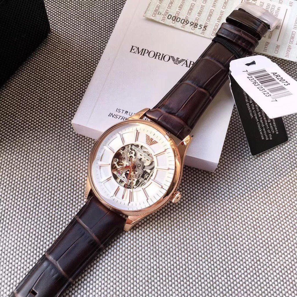 Emporio Armani Epoca White Skeletal Dial Black Leather Strap Watch For Men - AR2073