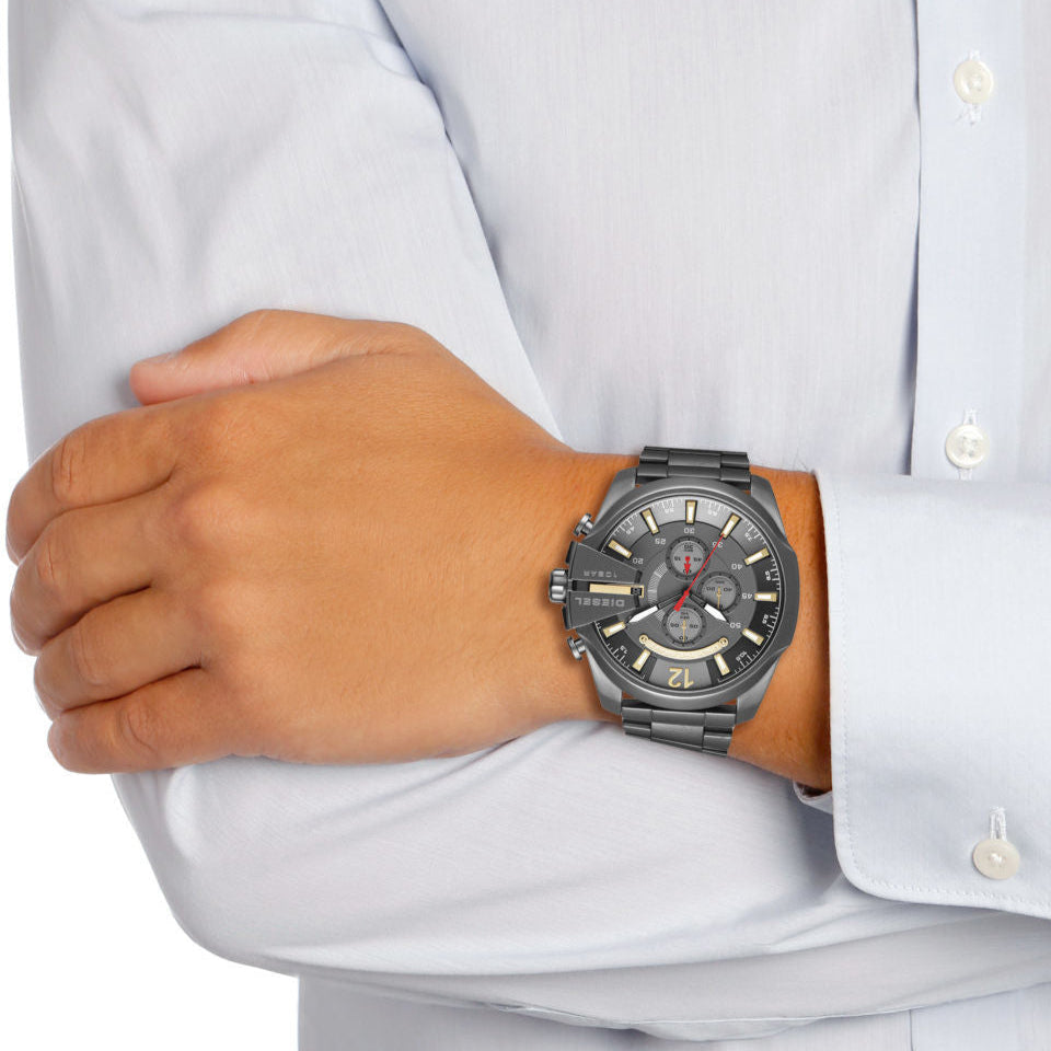 Diesel  Mega Chief Chronograph Grey Dial Grey Steel Strap Watch For Men - DZ4421