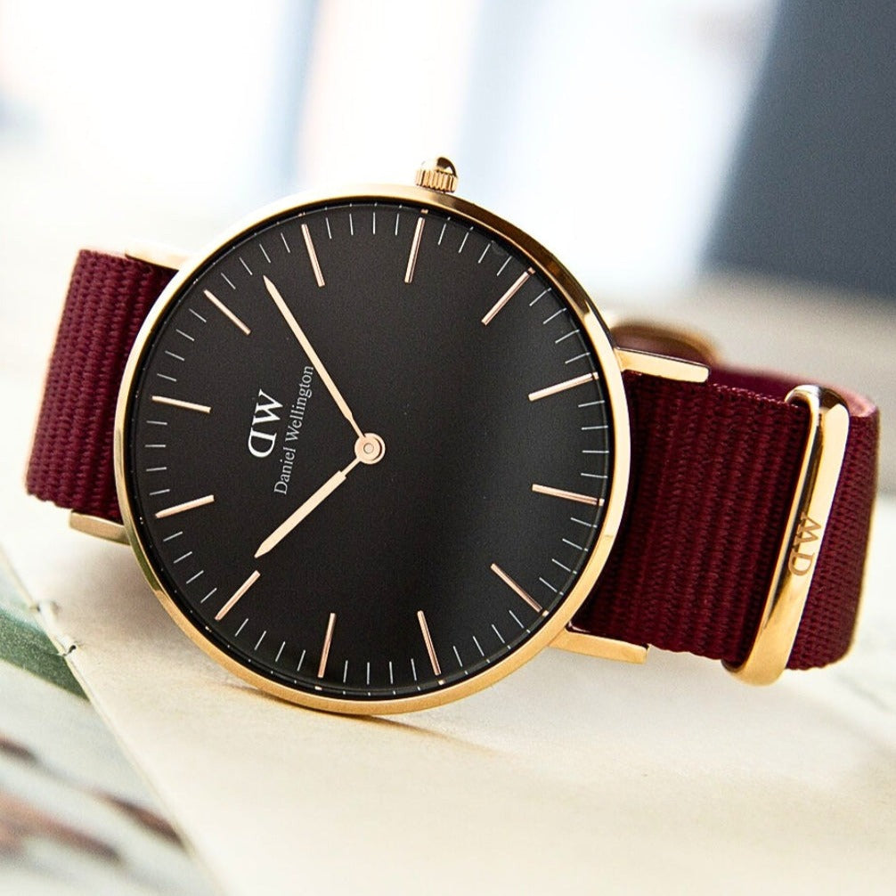 Daniel Wellington Classic Roselyn Black Dial Maroon Nylon Strap Watch For Women - DW00100273