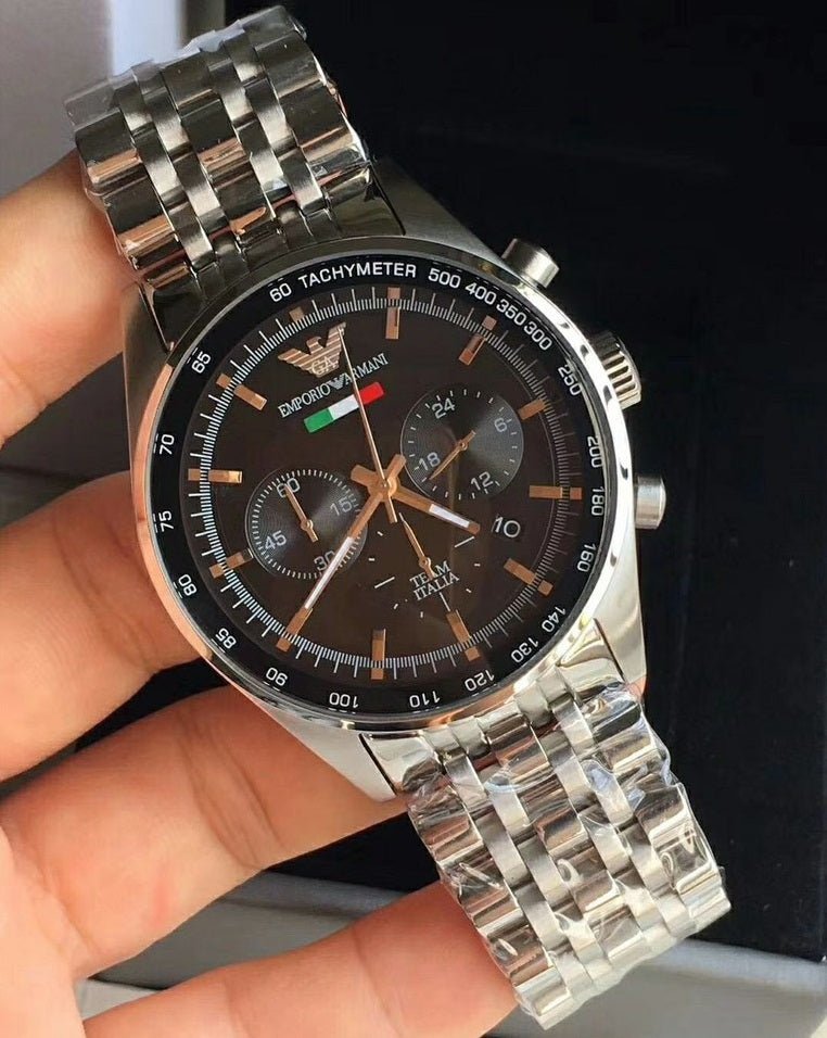 Emporio Armani Team Italia Chronograph Black Dial Silver Steel Strap Watch For Men - AR5983