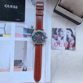 Guess Pinnacle Chronograph Quartz Blue Dial Brown Leather Strap Watch For Women - W0673G3