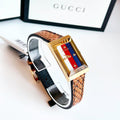 Gucci G-Frame Mother of Pearl Dial Brown Leather Snakeskin Strap Watch For Women - YA147402