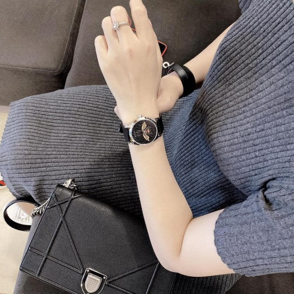 Gucci G Timeless Bee Black Dial Black Leather Strap Watch For Women - YA1264067