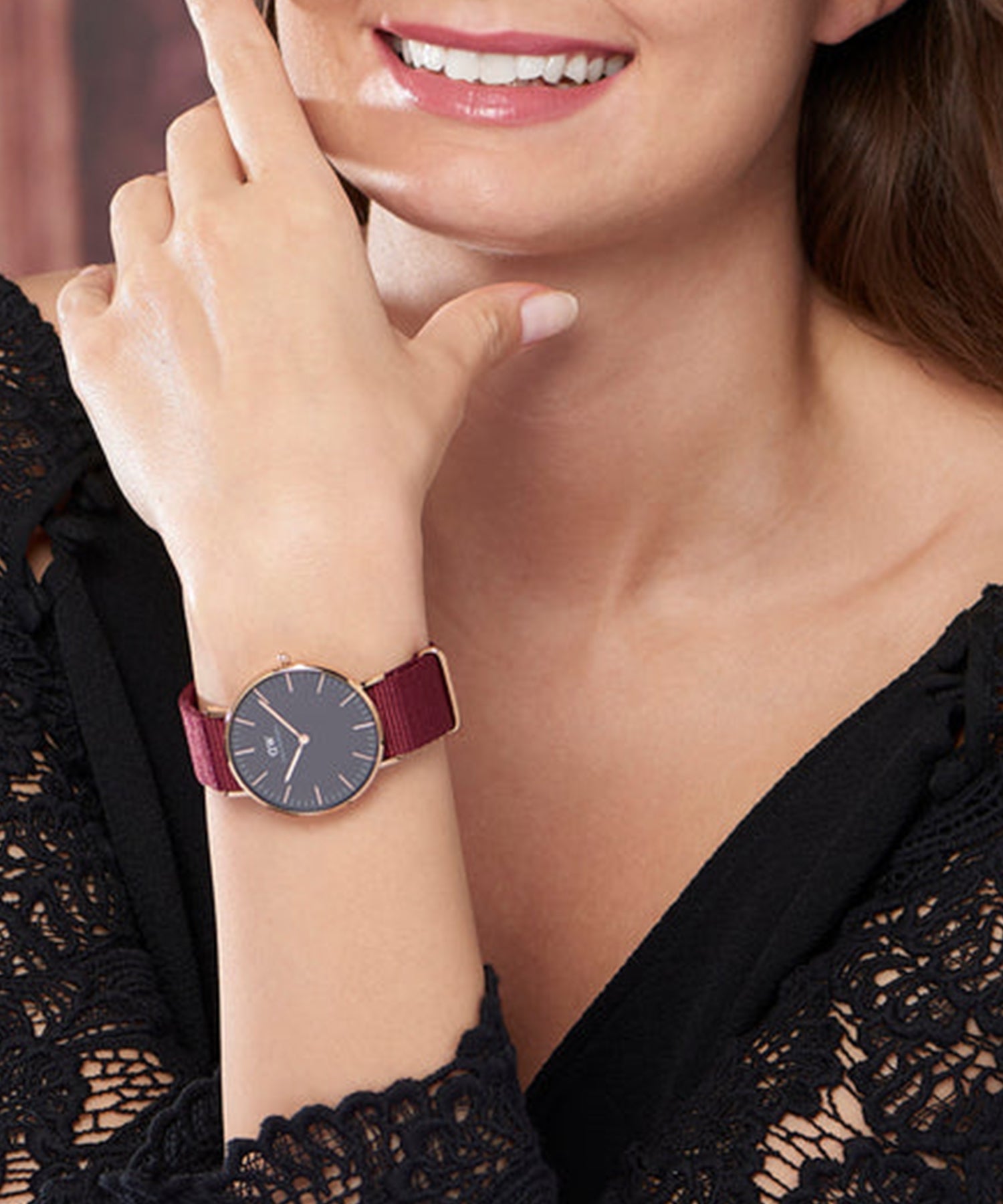 Daniel Wellington Classic Roselyn Black Dial Maroon Nylon Strap Watch For Women - DW00100273