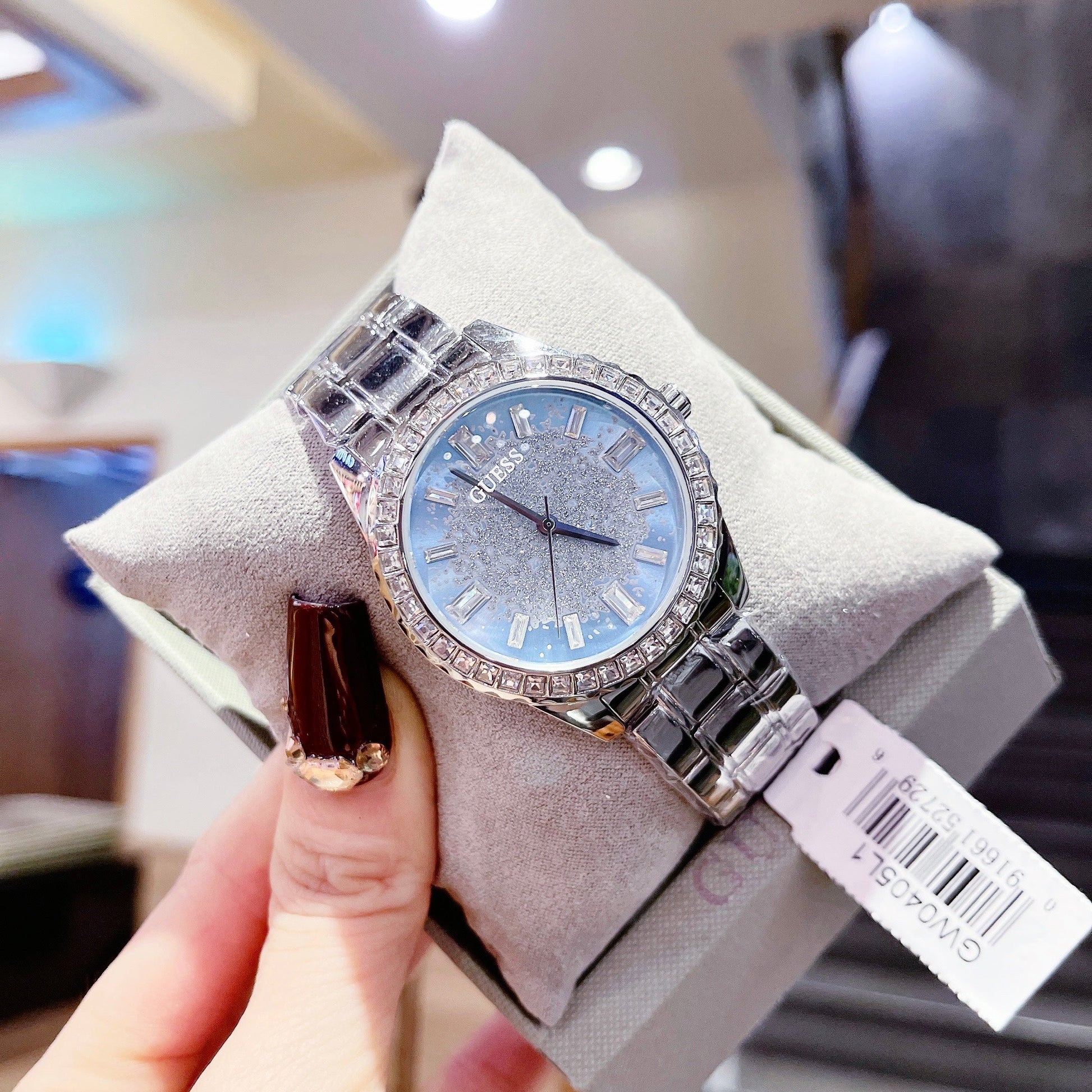 Guess Glitter Burst Diamonds Blue Dial Silver Steel Strap Watch for Women - GW0405L1