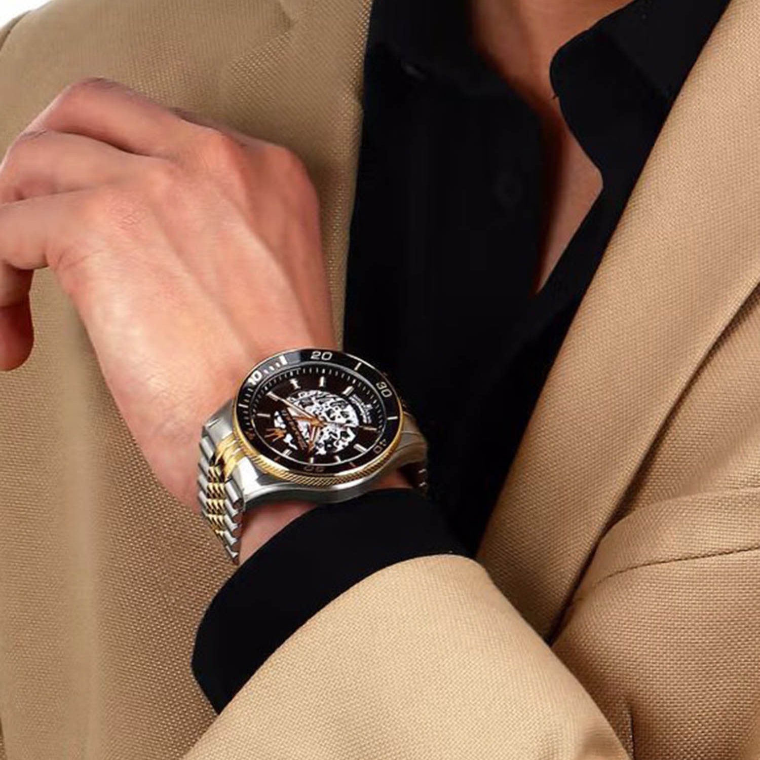 Maserati SFIDA Automatic Skeleton Black Dial Two Tone Steel Strap Watch For Men - R8823140010