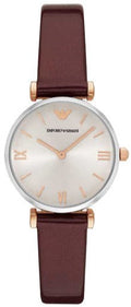 Emporio Armani Gianni T-Bar Quartz Silver Dial Brown Leather Strap Watch For Women - AR11061