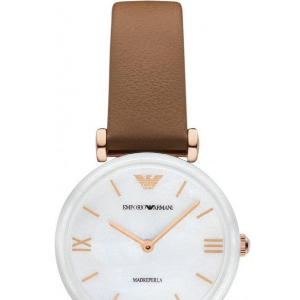 Emporio Armani Gianni T Bar Quartz Mother of Pearl White Dial Brown Leather Strap Watch For Women - AR11040