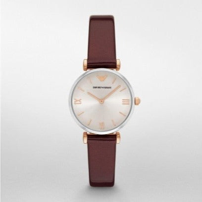 Emporio Armani Gianni T-Bar Quartz Silver Dial Brown Leather Strap Watch For Women - AR11061