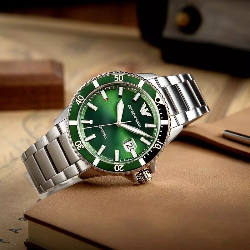 Emporio Armani Three Hand Green Dial Silver Steel Strap Watch For Men - AR11338