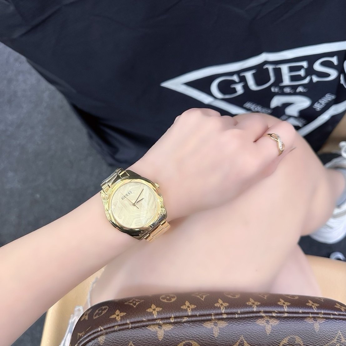 Guess Cubed Analog Gold Dial Gold Steel Strap Watch For Women - GW0606L2
