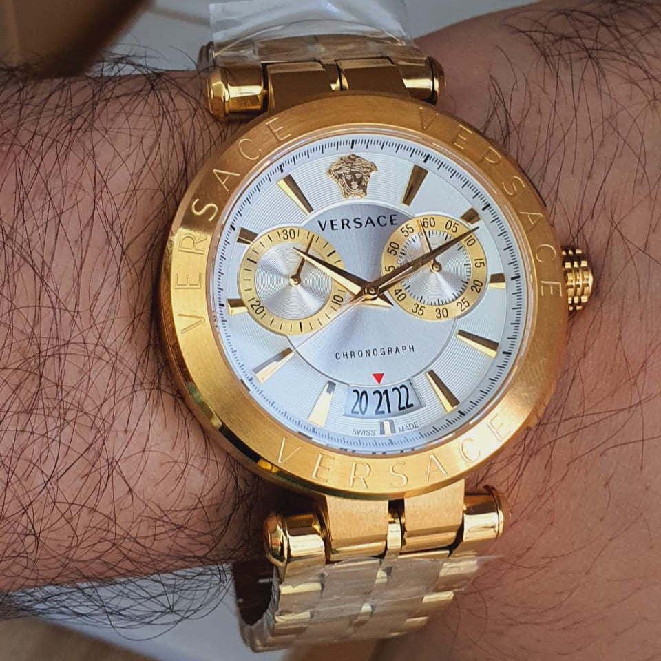 Versace V Racer Chronograph White Dial Gold Steel Strap Watch for Men - VBR060017