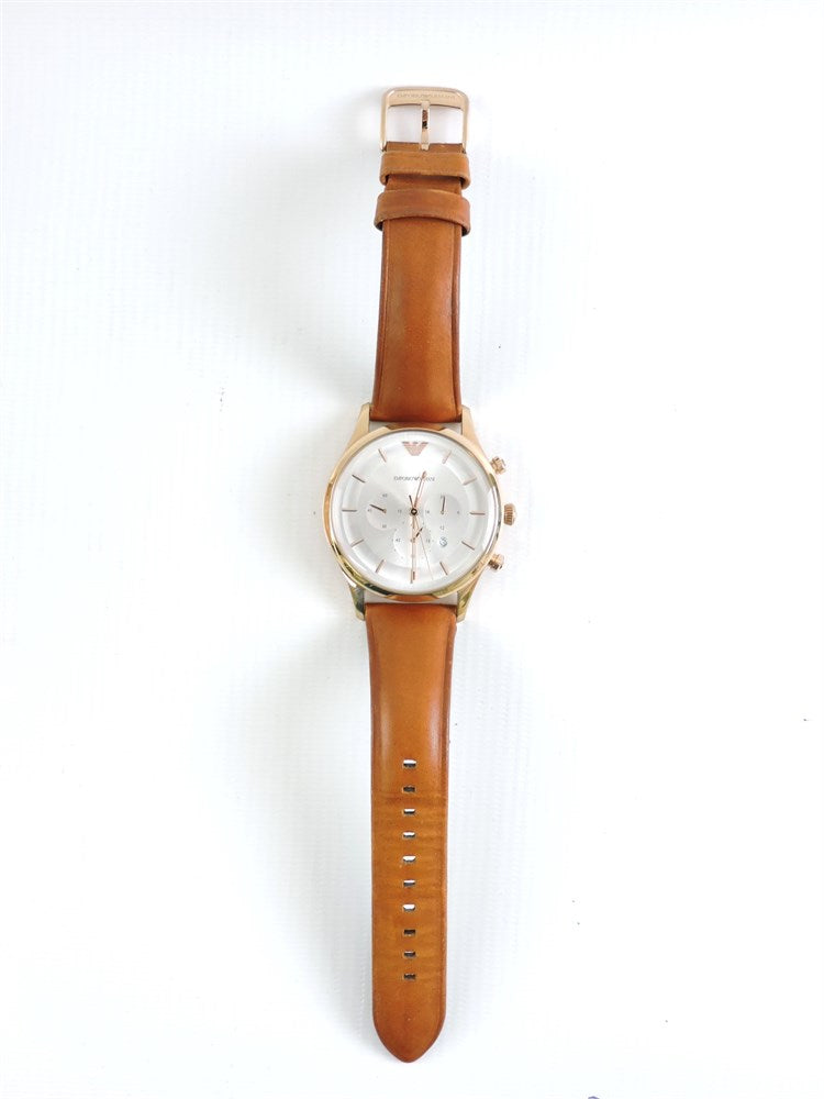 Emporio Armani Quartz Silver Dial Brown Leather Strap Watch For Men - AR11043