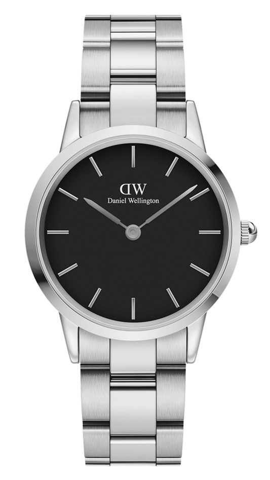 Daniel Wellington Iconic Link Black Dial Silver Steel Strap Watch for Women - DW00100204