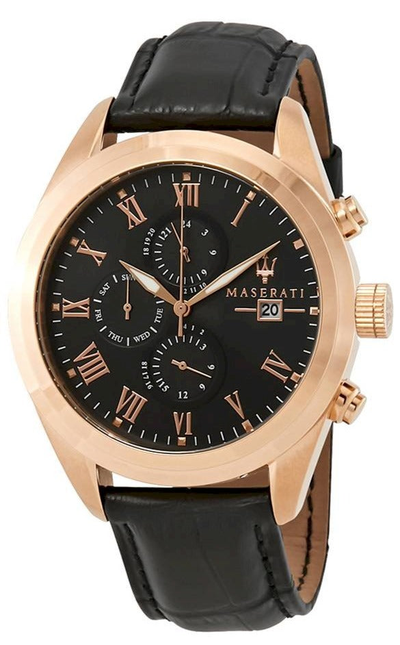 Maserati Traguardo Chronograph Black Dial Black Leather Strap Watch For Men - R8871612002