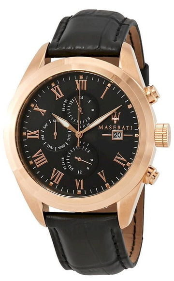 Maserati Traguardo Chronograph Black Dial Black Leather Strap Watch For Men - R8871612002