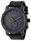 Fossil Nate Chronograph Black Dial Black Leather Strap Watch for Men - JR1354