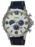 Fossil Nate Chronograph White Dial Blue Leather Strap Watch for Men - JR1480