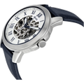 Fossil Grant Automatic Skeleton Silver Dial Blue Leather Strap Watch for Men - ME3111