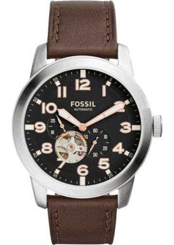 Fossil Pilot 54 Automatic Black Dial Brown Leather Strap Watch for Men - ME3118