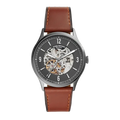 Fossil Forrester Automatic Skeleton Grey Dial Brown Leather Strap Watch for Men - ME3178