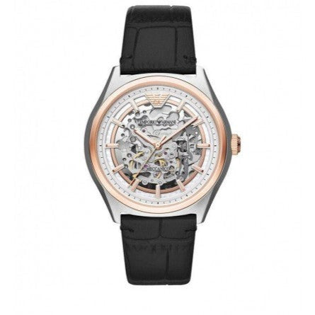 Emporio Armani Zeta Skeleton Automatic Silver Dial Black Leather Strap Watch For Men - AR60018