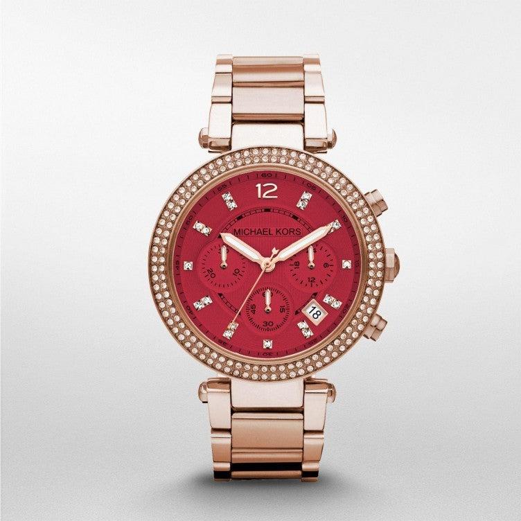 Michael Kors Parker Chronograph Red Dial Rose Gold Steel Strap Watch For Women - MK6106