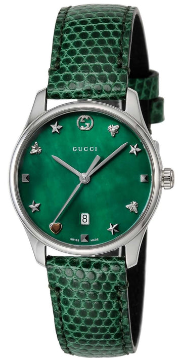 Gucci G-Timeless Green Mother of Pearl Dial Green Leather Strap Watch For Women - YA126585