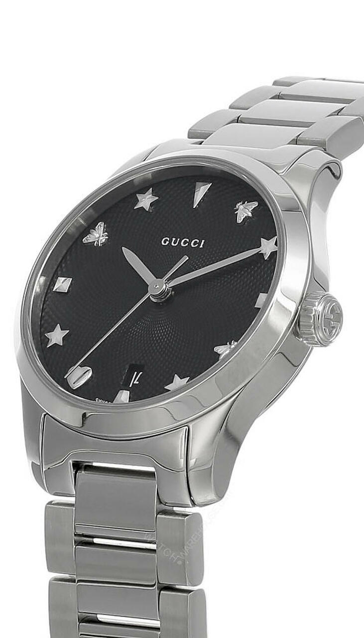 Gucci G Timeless Black Dial Silver Steel Strap Watch For Women - YA126573A