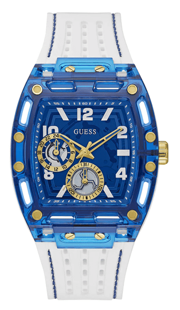 Guess Phoenix Multifunction Blue Dial White Rubber Strap Watch for Men - GW0499G6