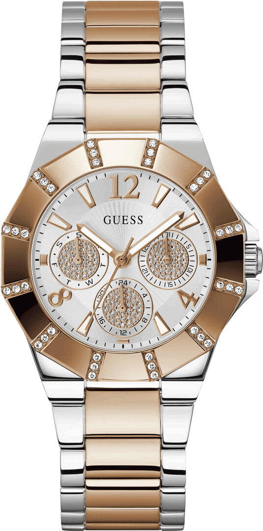 Guess Sunray Multifunction Crystals Silver Dial Two Tone Steel Strap Watch For Women - GW0616L3