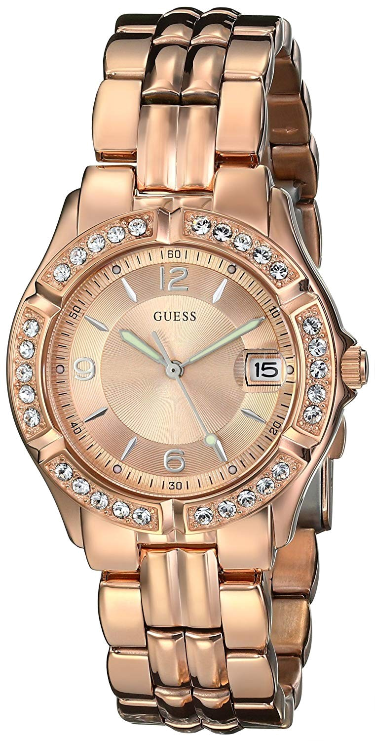 Guess Crystal Diamonds Rose Gold Dial Rose Gold Steel Strap Watch For Women - W11069L1