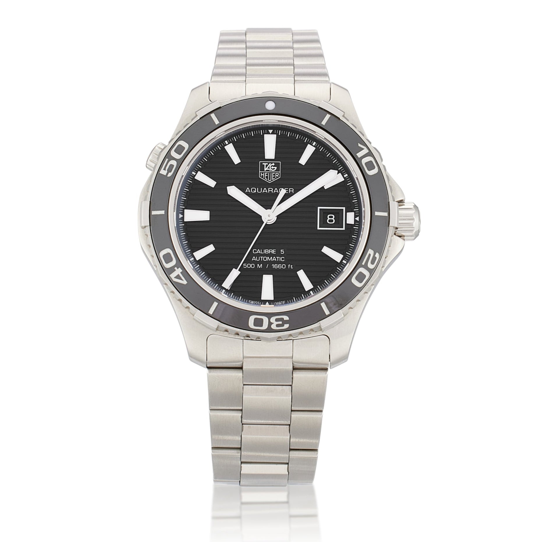 Tag Heuer Aquaracer Caliber 5 Automatic Black Dial Silver Steel Strap Watch for Men - WAK2110.BA0830