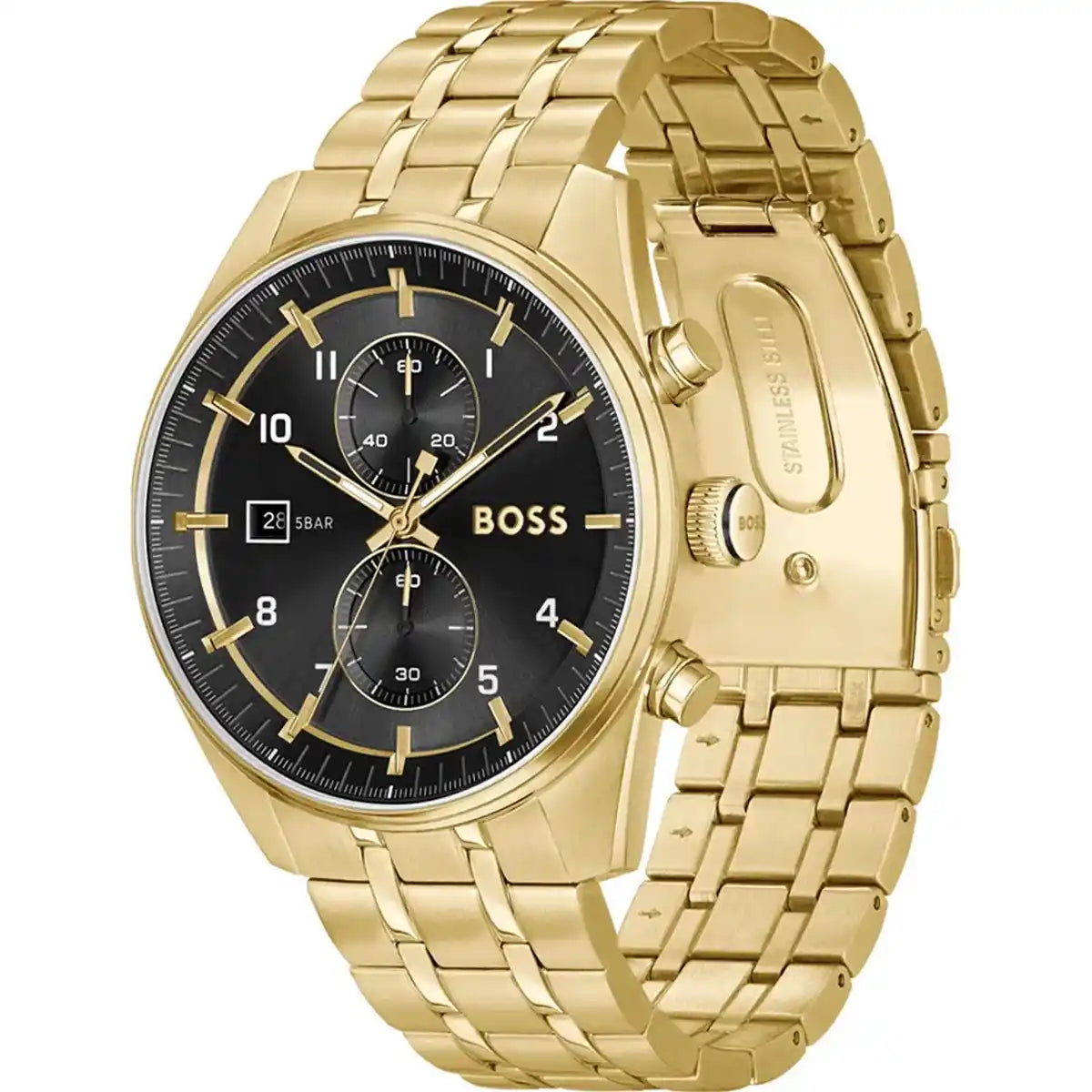 Hugo Boss Skytraveller Chronograph Black Dial Gold Steel Strap Watch for Men - 1514152