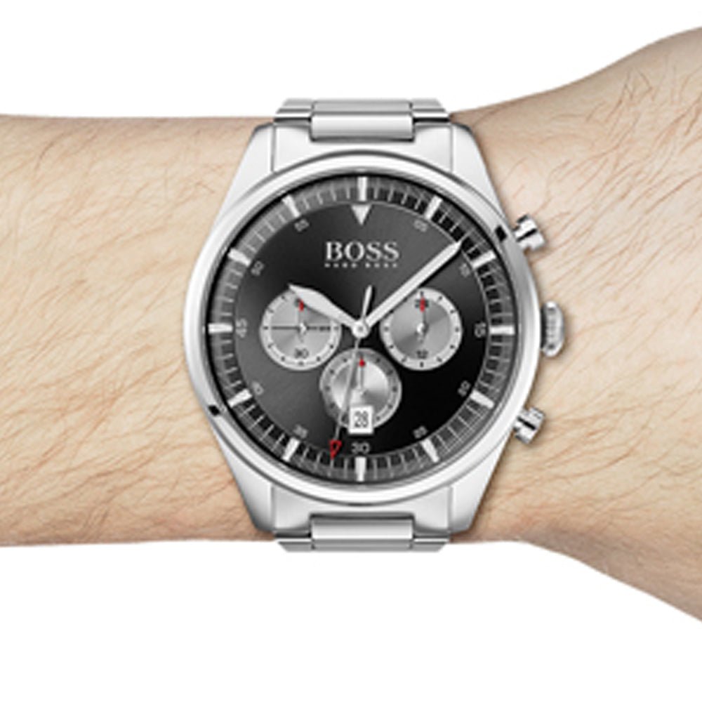 Hugo Boss Pioneer Black Dial Silver Steel Strap Watch for Men - 1513712
