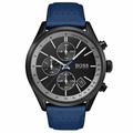 Hugo Boss Grand Prix Chronograph Black Dial Blue Leather Strap Watch for Men - 1513563