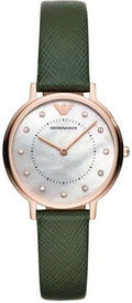 Emporio Armani Mother of Pearl Dial Green Leather Strap Watch For Women - AR11150
