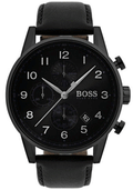 Hugo Boss Navigator Black Dial Black Leather Strap Watch for Men - 1513497