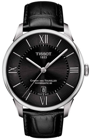 Tissot Chemin Des Tourelles Powermatic 80 Black Dial Black Leather Strap Watch For Men - T099.407.16.058.00